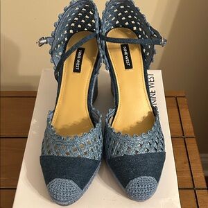 Nine West Blue Woven Pointed-Toe Ankle Strap Heels